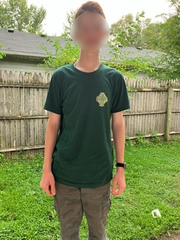 Emerald Isle Cross t-shirt, back text on dark